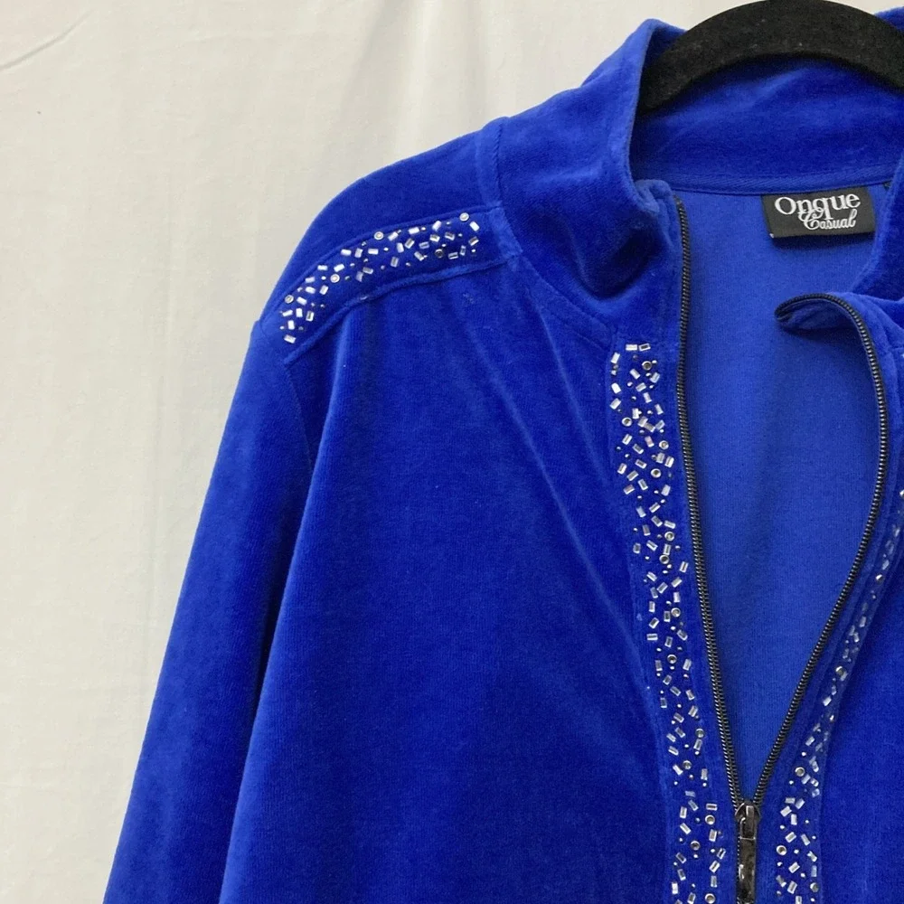 Onque Casual Women's Blue Velour Rhinestone Zip‎ Front Track Jacket - SZ XL